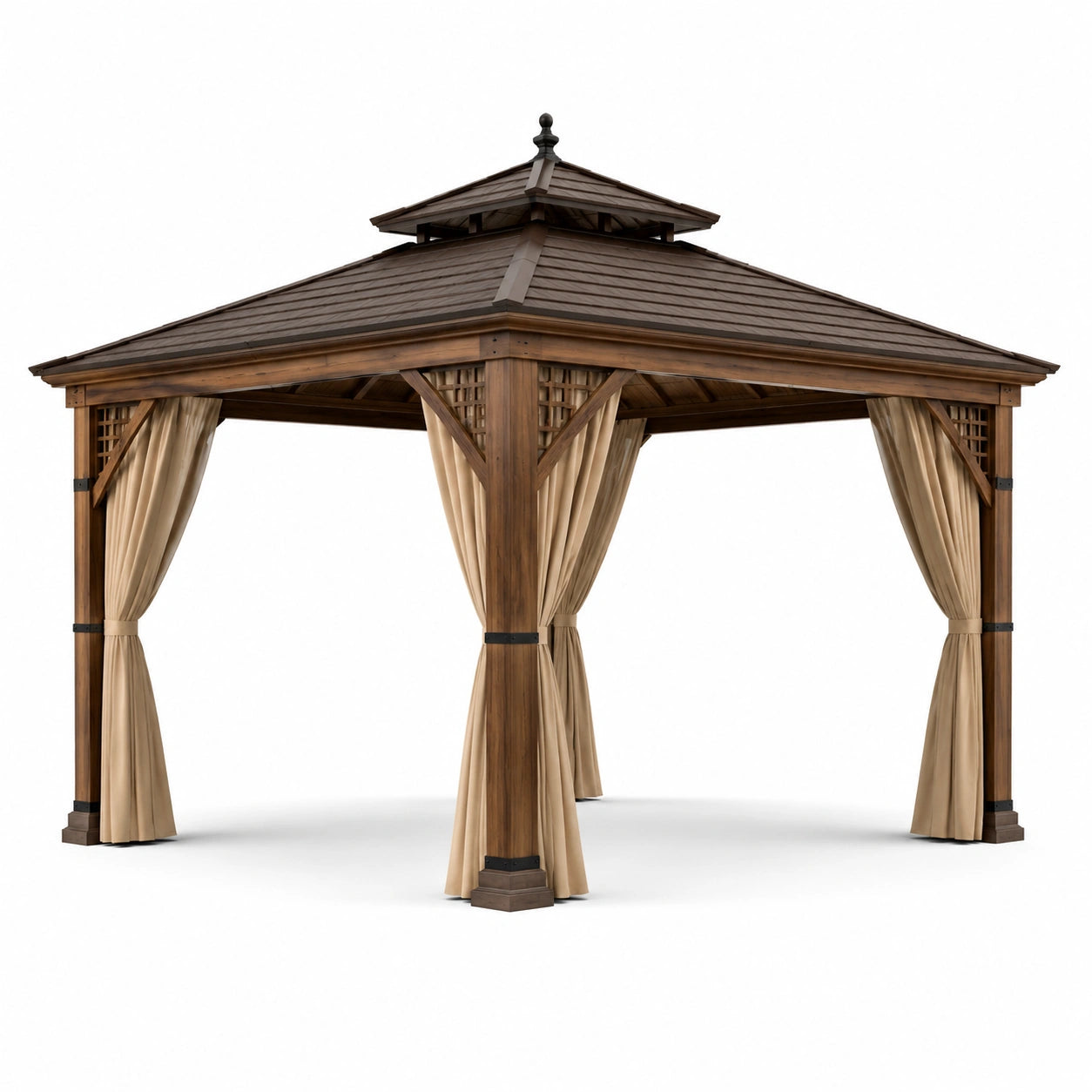 Holzpavillon mit Polyester Vorhängen, 3x3 m