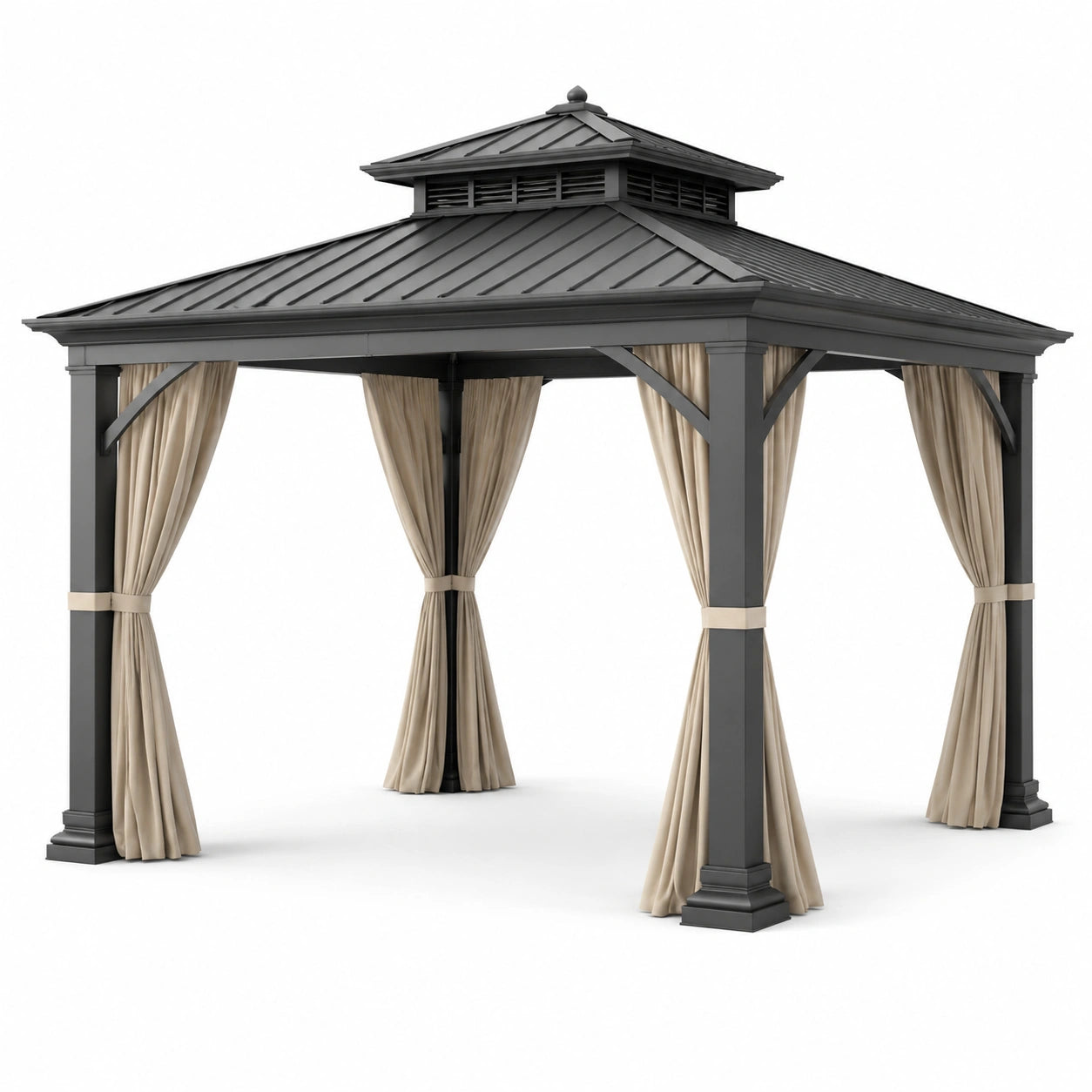 Gartenpavillon Aluminium mit Stahlblechdach und Polyester Vorhängen, 300x300 cm, Anthrazit/Beige