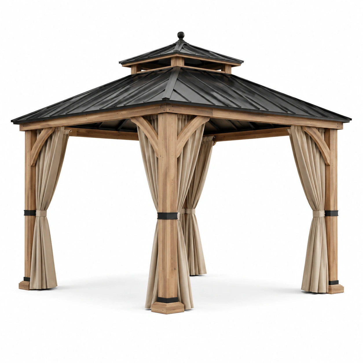 Pavillon Holz Aluminiumdach mit Polyester Vorhängen 3x3m