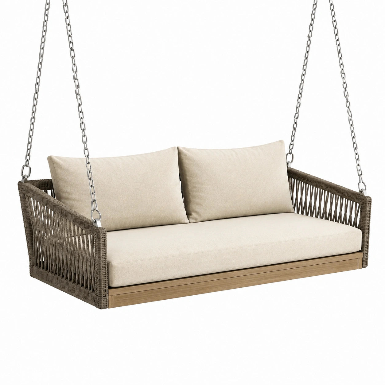 Hängeschaukelbank aus Polyrattan und Holz mit Polstern Beige