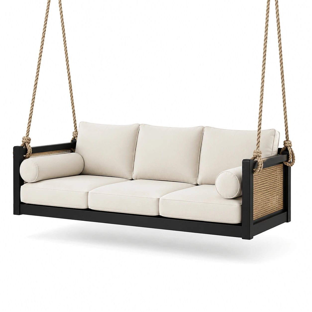 Holzrahmen Schaukelbank mit Kissen und Rattan, Beige